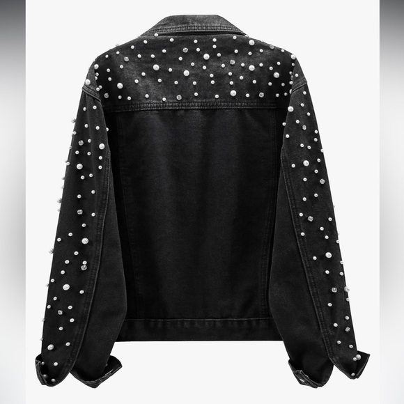 Black Jean Jacket with Pearl/Rhinestone Embellishments - Picture 2 of 3